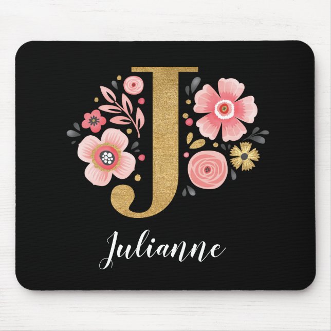 Chic Floral Monogram Initial Pink Gold Letter J Mouse Pad (Front)