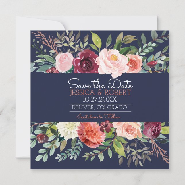 Chic Floral Navy Blue Save the Date Card (Front)