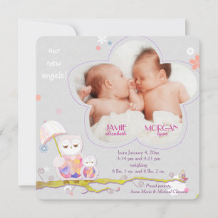 Chic Floral Owls Twins Photo Birth Announcement