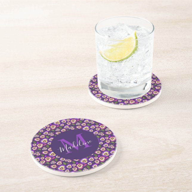 Chic Floral Pansies Pattern Purple Monogram Coaster (Side)