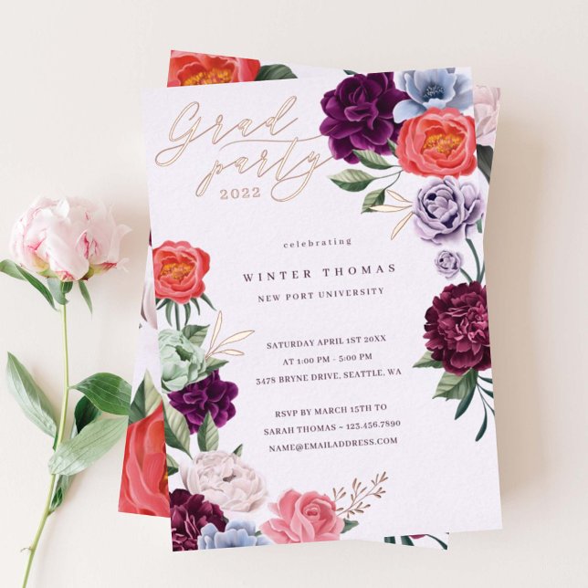 Chic Floral Peonies Rose Blossoms Graduation Party (Creator Uploaded)