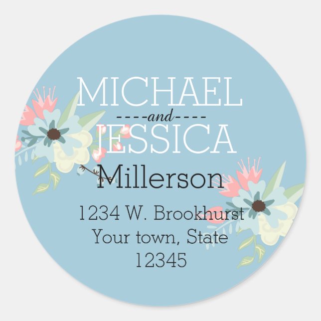 Chic Floral Personalised address Classic Round Sticker (Front)
