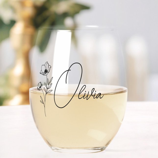Chic Floral Personalised Bridesmaid Proposal Stemless Wine Glass (maid of honor wine glass,bridesmaid wine glass with name,wildflower floral bridesmaid gifts,)