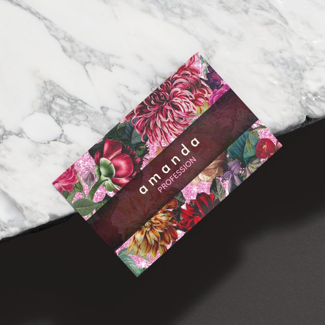 Chic floral pink Burgundy purple glitter monogram Magnetic Business Card (Creator Uploaded)