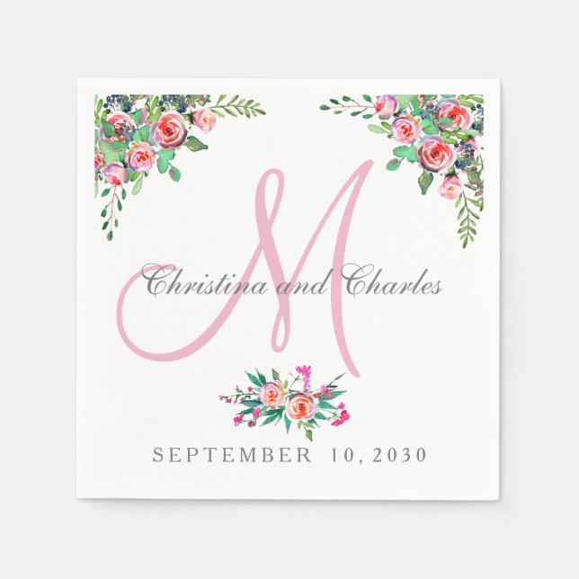 Chic Floral Pink Monogram Wedding Paper Napkins (Front)
