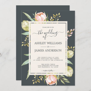Chic Floral Pink Peony Botanical Off-black Wedding Invitation