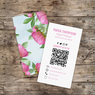 Chic Floral Pink Peony Professional QR Code Simple Business Card