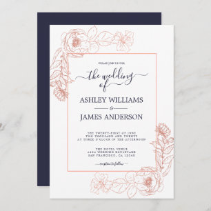 Chic Floral Pink Rose Gold Dark Blue Wedding Invitation