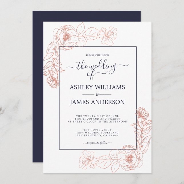 Chic Floral Pink Rose Gold Dark Blue Wedding Invitation (Front/Back)