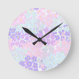 Chic Floral Pink Teal Purple Pattern  Round Clock
