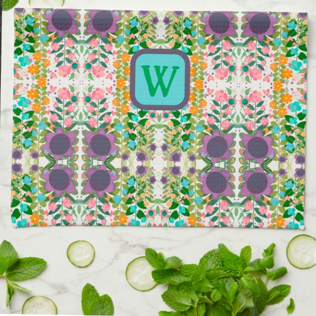 Chic Floral Pretty Monogram Initial Stylish  Tea Towel (Creator Uploaded)