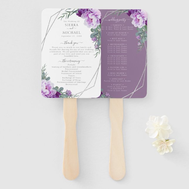 Chic Floral Purple & Silver Wedding Program Hand Fan (Front and Back)