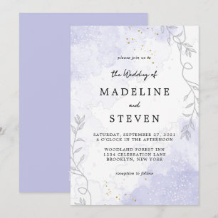 Chic Floral Purple Watercolor Ink Monogram Wedding Invitation