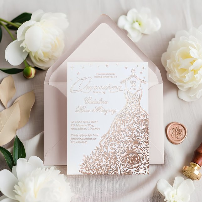 Chic Floral Quinceañera Gown Celestial Moon Stars (Chic Floral Quinceañera Gown Celestial Moon Stars Foil Invitation)