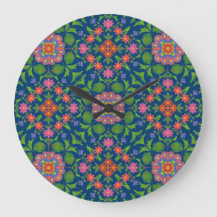Chic Floral Rangoli Deep Blue Acrylic Wall Clock