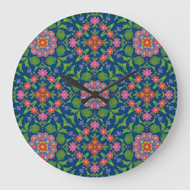 Chic Floral Rangoli Deep Blue Acrylic Wall Clock (Front)