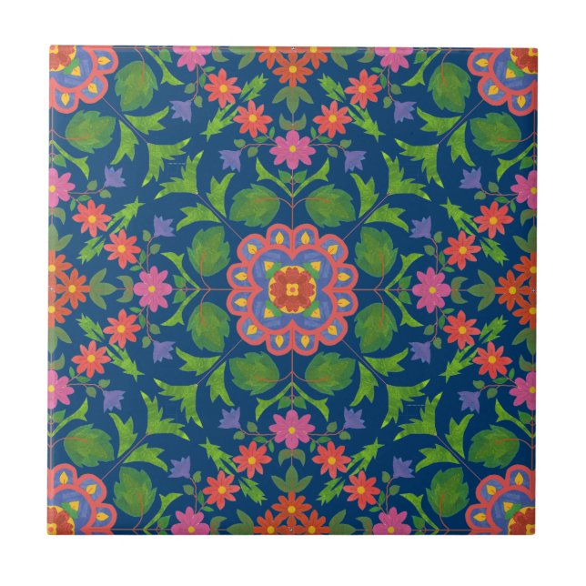 Chic Floral Rangoli Deep Blue Ceramic Tile (Front)