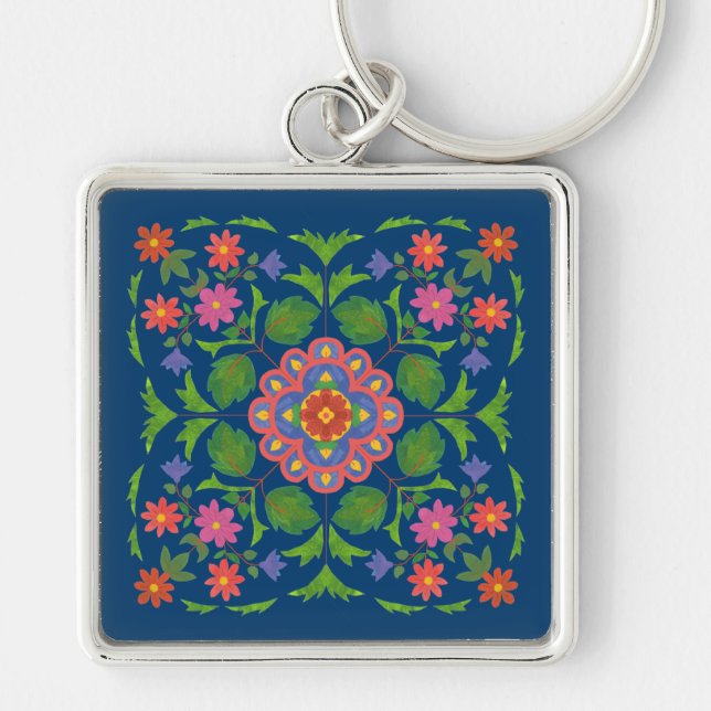 Chic Floral Rangoli on Deep Blue Square Keychain (Front)