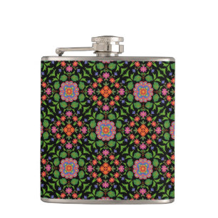 Chic Floral Rangoli Pattern on Black Hip Flask