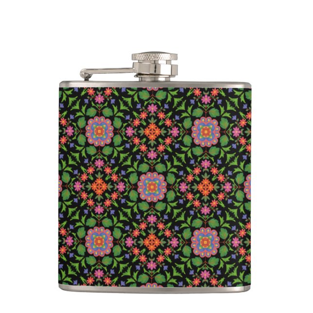 Chic Floral Rangoli Pattern on Black Hip Flask (Front)
