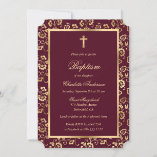 Chic Floral Red Gold Cross Script Baptism Invitation