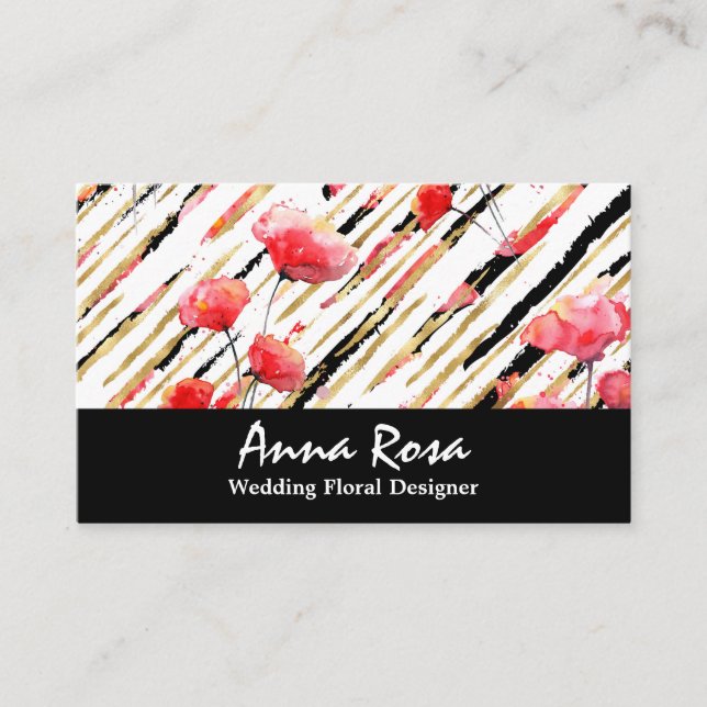 *~*Chic Floral Red Poppy Black Glitter Foil White Business Card (Front)