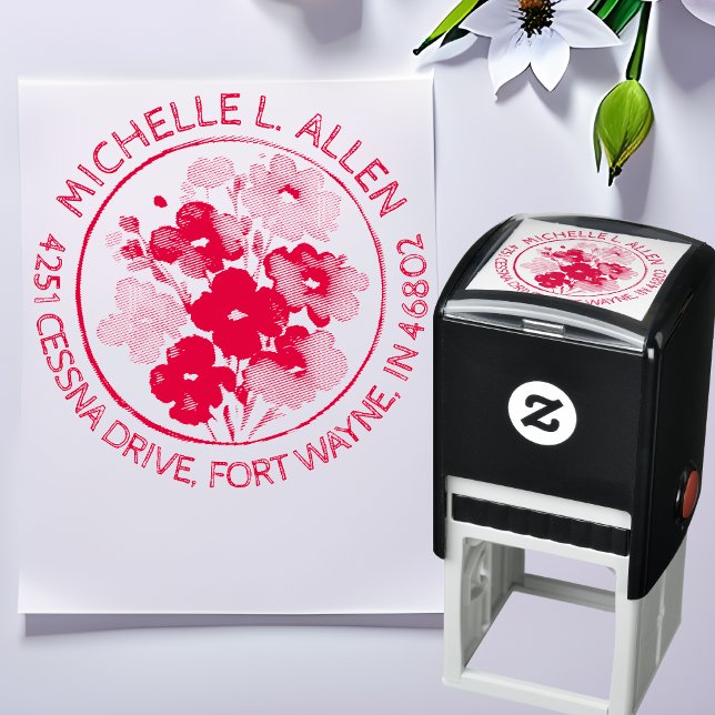 Chic Floral Red Return Address Self-inking Stamp (Creator Uploaded)