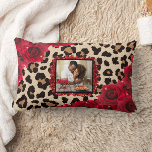 Chic Floral Red Rose Leopard Print Your Photo Lumbar Cushion