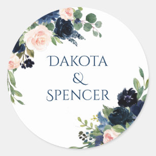 Chic Floral | Romantic Blush Navy Wreath Garland Classic Round Sticker