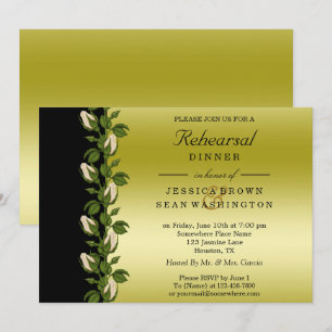 Chic Floral Romantic Gold & Black Rehearsal Dinner Invitation
