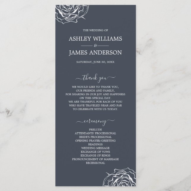 Chic Floral Rose Dark Blue Simple Minimal Wedding Program (Front)