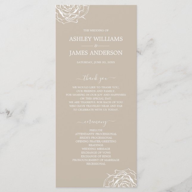 Chic Floral Rose Grey Simple Minimal Wedding Program (Front)