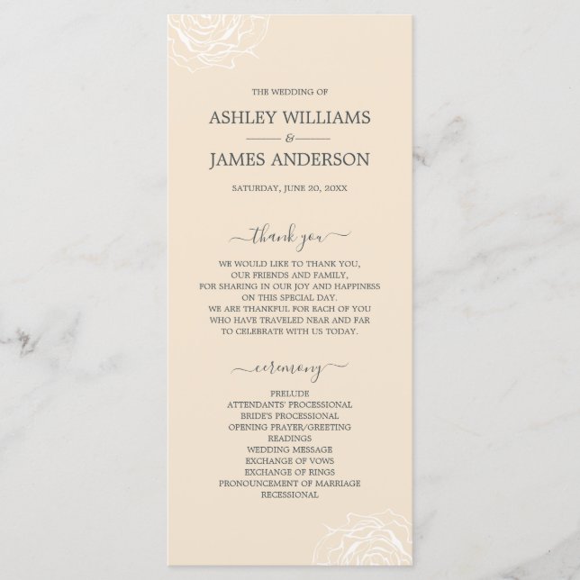 Chic Floral Rose Ivory Simple Minimal Wedding Program (Front)