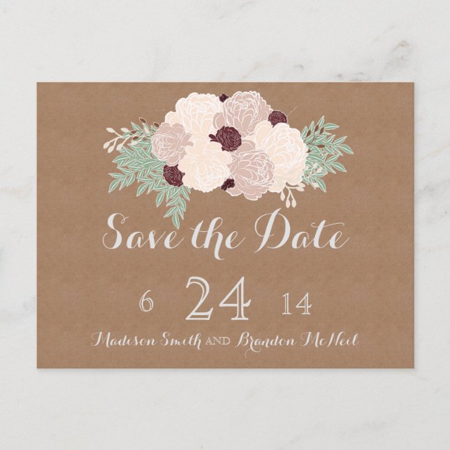Chic Floral Save the Date- Dark Wine Accent Announcement Postcard (Front)