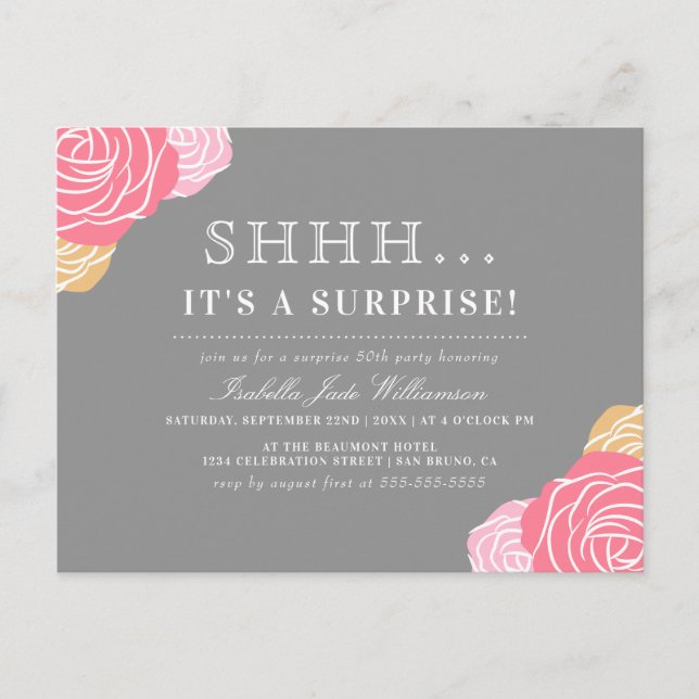 Chic Floral Shh..It's a Surprise Birthday Party Invitation Postcard (Front)