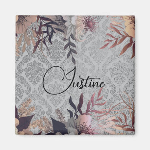 Chic Floral Silver Damask Personalised Magnet