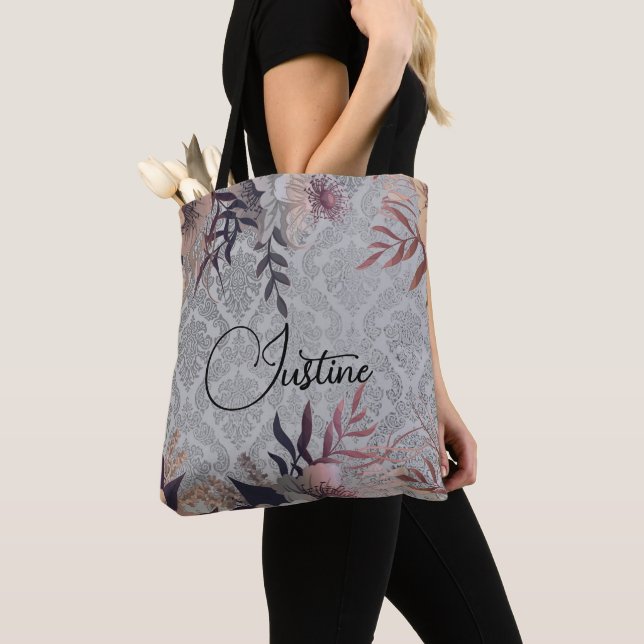 Chic Floral Silver Damask Personalised Tote Bag (Close Up)