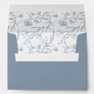 Chic Floral Sketch Text Dusty Blue Wedding Envelope