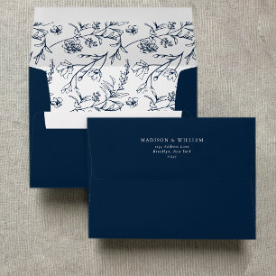 Chic Floral Sketch Text Navy Blue Wedding Envelope