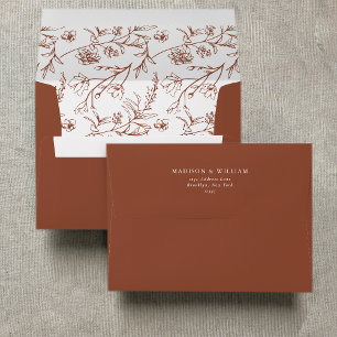 Chic Floral Sketch Text Terracotta Wedding Envelope