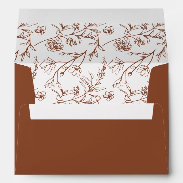 Chic Floral Sketch Text Terracotta Wedding Envelope (Back (Bottom))