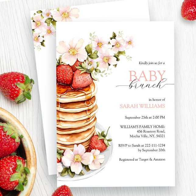 Chic Floral Strawberry Pancake Baby Shower Brunch Invitation (Creator Uploaded)