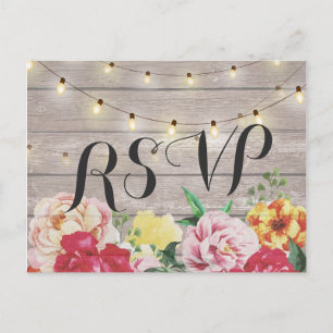 Chic Floral String Lights Rustic Wood Wedding RSVP Invitation Postcard