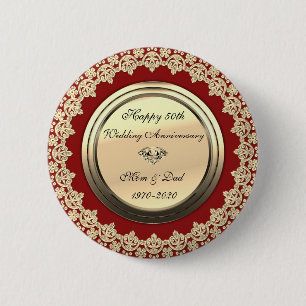 Chic Floral Swirls Red 50th Wedding Anniversary 6 Cm Round Badge