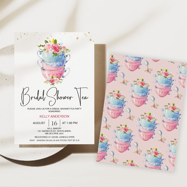 Chic Floral Tea Cups Tea Party Bridal Shower  Invitation (Bridal Tea Party Invitation, Floral High Tea Shower Invite, Tea Cups Floral Bridal Shower Invite, )