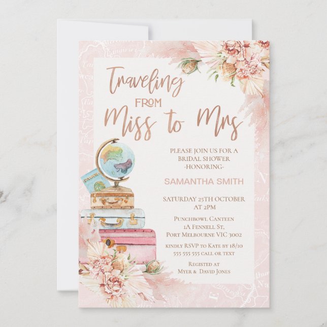 Chic Floral Traveling Miss to Mrs Bridal Shower Invitation (Front)
