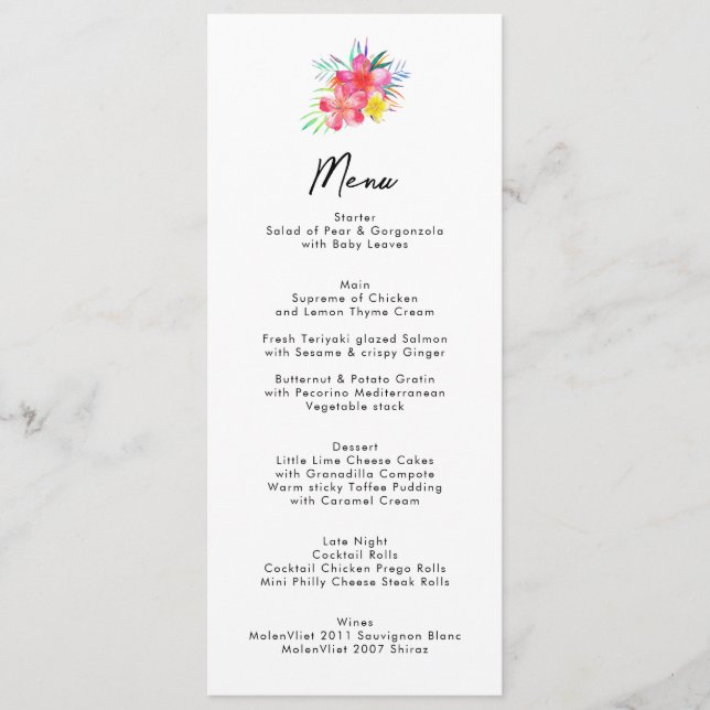 Chic Floral Tropical Garden Wedding Menu (Front)