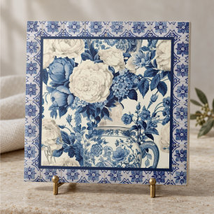 Chic floral vase Blue chinoiserie toile monogram Ceramic Tile
