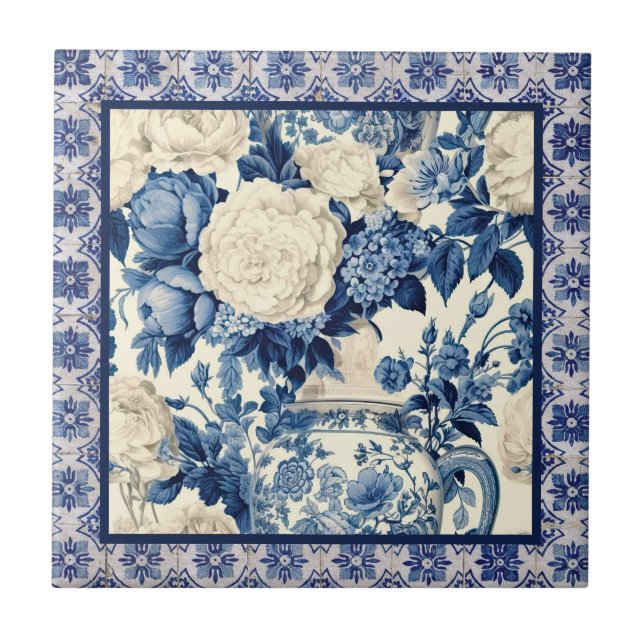 Chic floral vase Blue chinoiserie toile  monogram Ceramic Tile (Front)