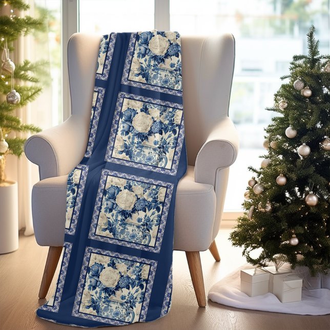 Chic floral vase Blue chinoiserie toile  monogram Fleece Blanket (Creator Uploaded)